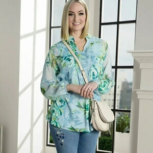 Susan Graver QVC Blouse Women XL‎ Long Sleeves V Neck Floral Semi Sheer Blue